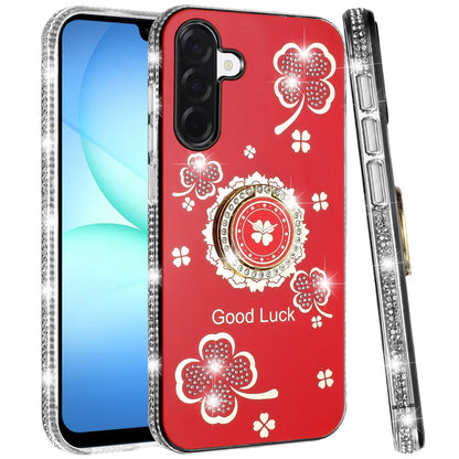 For Samsung Galaxy A17 5G Diamonds Bling All Around Edges Sparkly Glitter Hybrid with Ring Stand Holder Fashion Good Luck Case Cover