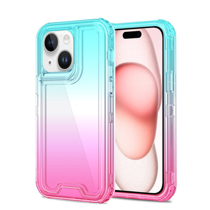 For Apple iPhone 16 Pro (6.3") Hybrid 3in1 Clear Two Color Tone Transparent Shockproof Rubber TPU + Hard Protective Frame Case Cover Blue Teal + Pink