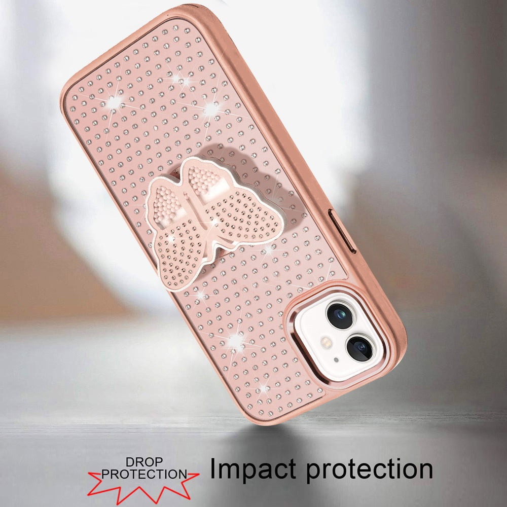 For Apple iPhone 11 Butterfly Moveable Grip 3D Pop Stand Full Diamond Bling Sparkling TPU Fashion Hybrid Case Cover