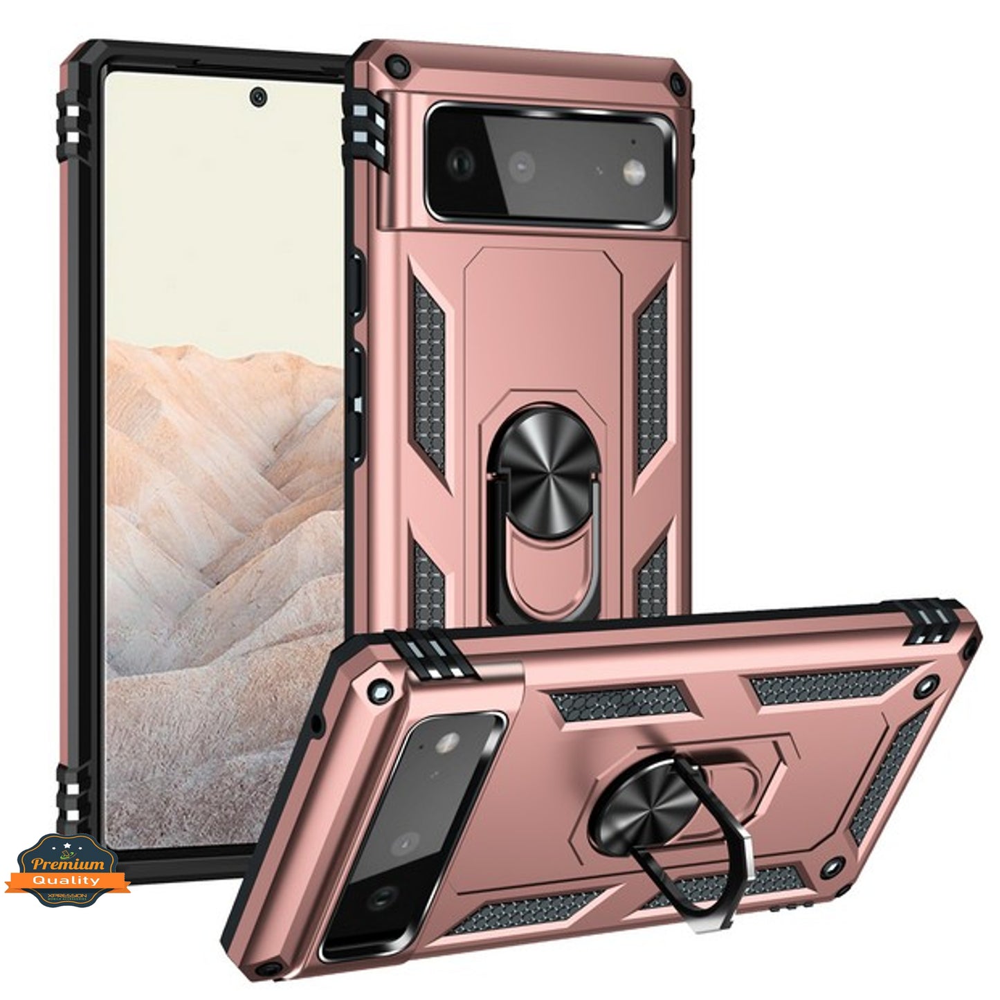 For Google Pixel 6A Shockproof Hybrid Dual Layer PC + TPU with Ring Stand Metal Kickstand Heavy Duty Armor Shell Case Cover