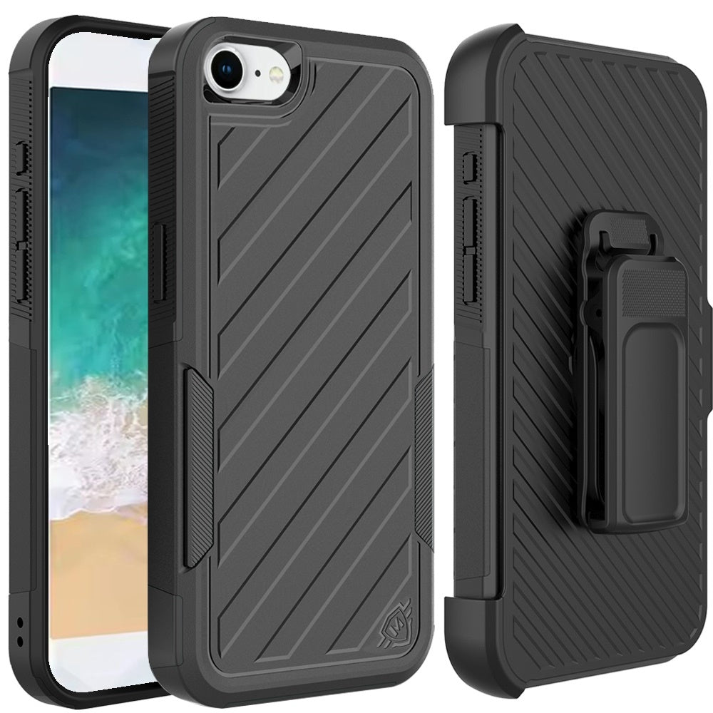 For Apple iPhone 16e Premium Tough Hybrid Case with Belt Clip Holster, Shockproof Rugged Design, Textured 2in1 Non-Slip Case Cover Black