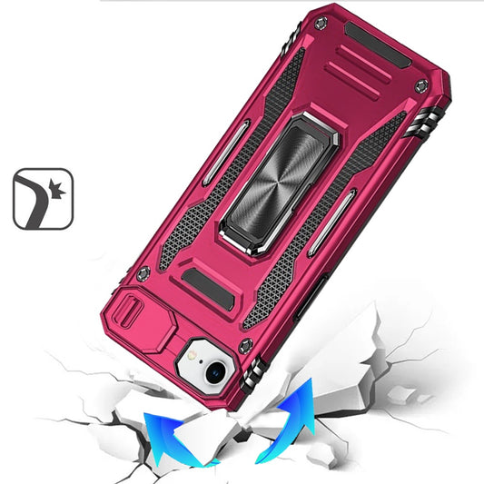 For Apple iPhone 16e Tough Hybrid Case with Movable Camera Window & Metal Ring Stand Shockproof Case Cover Hot Pink