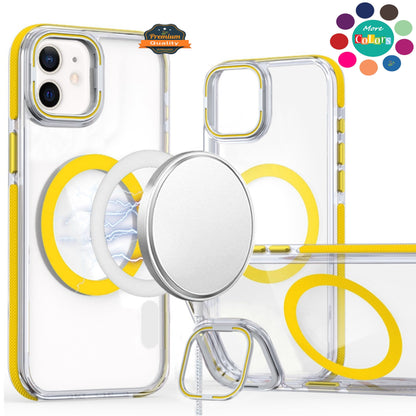 For Apple iPhone 16e Hybrid Clear Back Case with Invisible Camera Bracket Stand, MagSafe Magnetic Circle, Shockproof Color Frame Case Cover