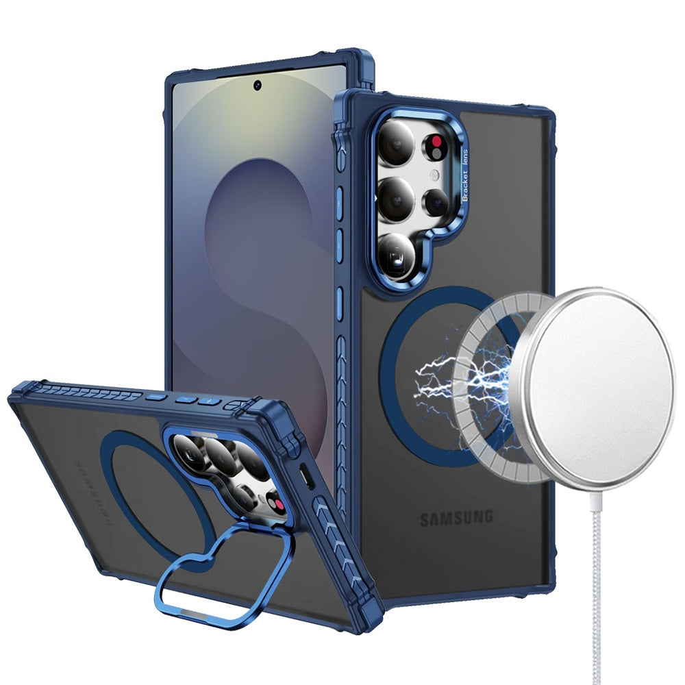 For Samsung Galaxy S25 Ultra Hybrid Metal Camera Stand Ring Sturdy, Compatible with MagSafe, Matte Hard TPU Colorful Edge Case Cover