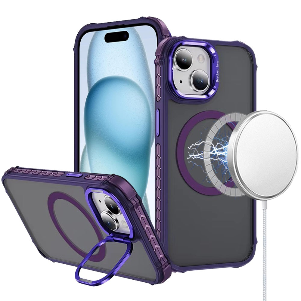 For Apple iPhone 15 Hybrid Metal Camera Stand Ring Sturdy, Compatible with MagSafe, Matte Hard TPU Colorful Edge Case Cover