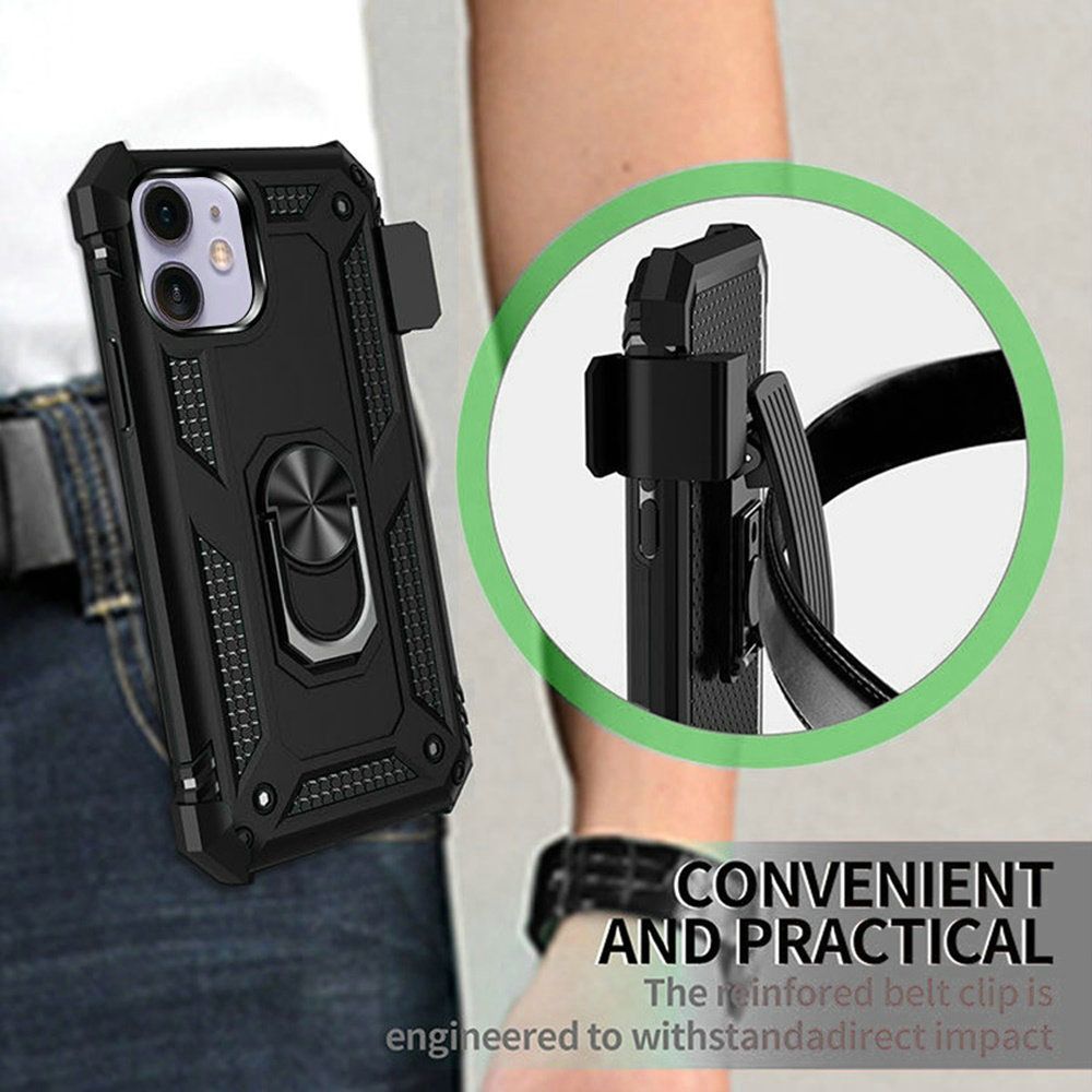 For Apple iPhone 16e Hybrid Combo Belt Clip Holster with Ring Stand Holder, Military Grade Fit Magnetic Car Mount Shockproof Case Cover Black