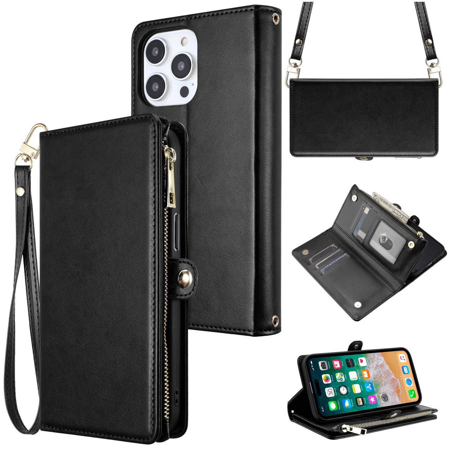 For Apple iPhone SE 4 Wallet Purse Stylish Design with Credit Card & ID Slots, Durable Zipper Storage, Adjustable Lanyard Case Cover Black