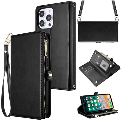 For Apple iPhone SE 4 Wallet Purse Stylish Design with Credit Card & ID Slots, Durable Zipper Storage, Adjustable Lanyard Case Cover Black