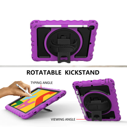 For Hybrid 3in1 Armor Rugged with Built-in Kickstand 360° Rotatable Stand & Shoulder Hand Strap Corner Shockproof Purple Tablet Case Cover