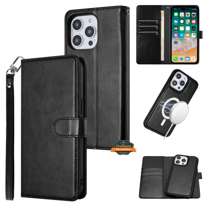 For Apple iPhone 16 Pro Max (6.9") Deattachable PU Leather Hybrid Wallet Money Credit Card Holder Support Magsafe Charger Case Cover Black