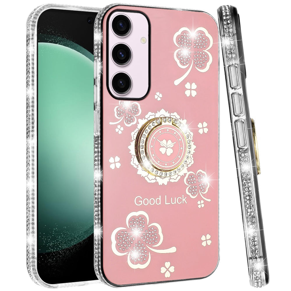 For Samsung Galaxy S23+ Plus Diamonds Bling All Around Edges Sparkly Glitter Hybrid Ring Stand Holder Fashion Good Luck Case Cover
