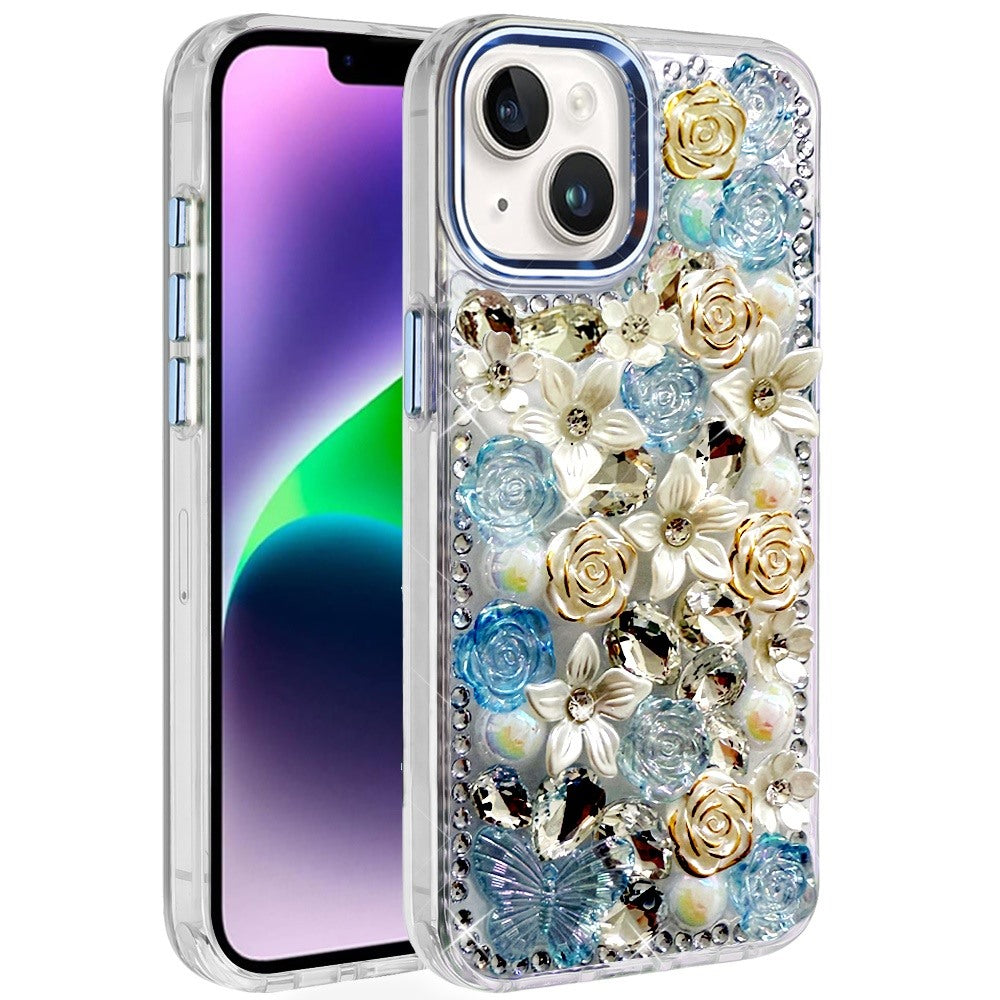 For Samsung Galaxy S25 Fan Edition /Galaxy S25 FE 3D Diamond Floral Roses Flower Bling Stone Hybrid, Sparkly Rhinestone Gemstone Back Shockproof Case Cover