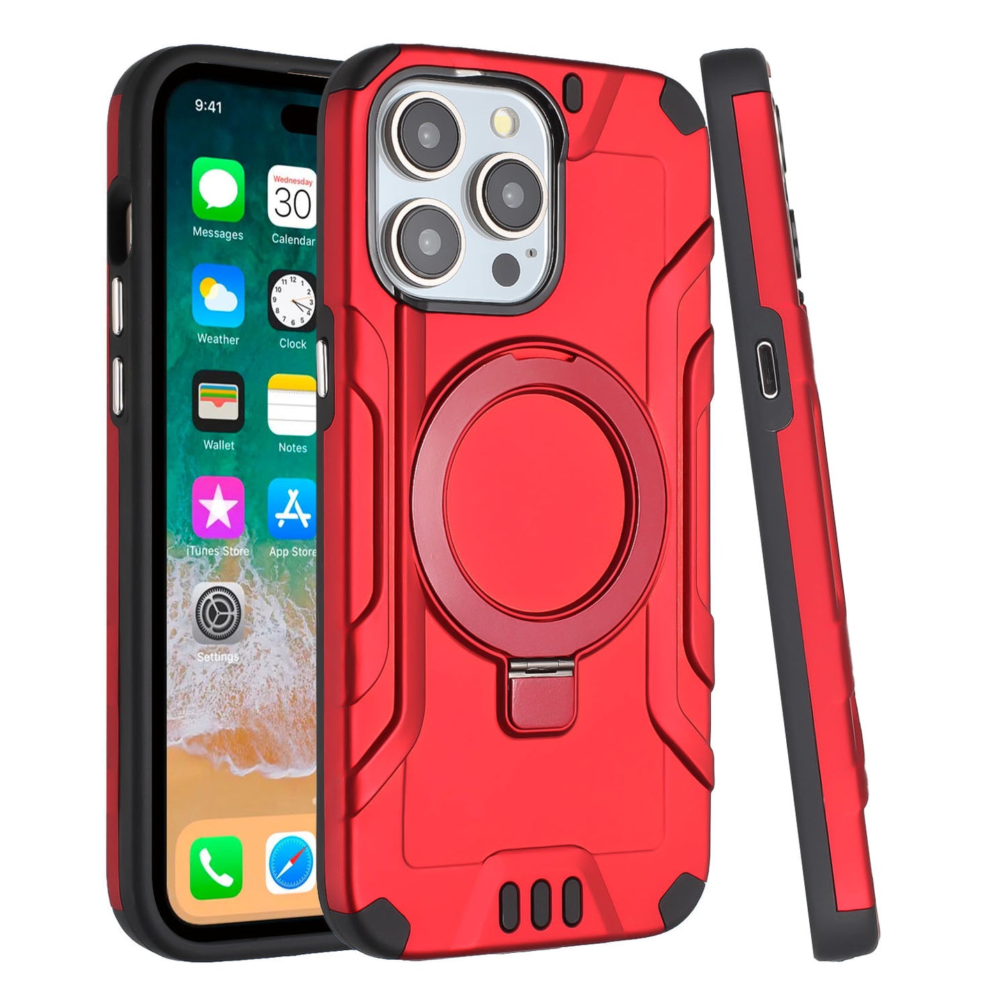 For Apple iPhone 15 /6.1" Brushed Armor Rugged Hybrid with Invisible Magnetic Circle Kickstand Shockproof Hard PC Protective Case Cover -