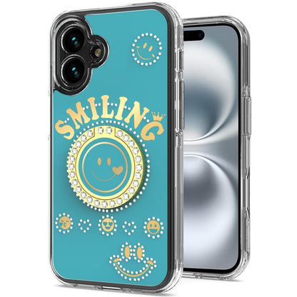 For Apple iPhone 16 (6.1") Smiling Glitter Ornament Bling Sparkle with Ring Stand Hybrid Slim TPU + Hard Back Shell Case Cover