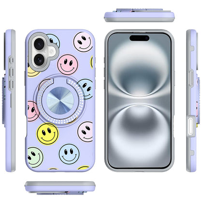 For Apple iPhone 16 (6.1") Pattern Design Hybrid with Invisible Ring Stand & Magnetic Back, Shockproof Protective Grip Case Cover
