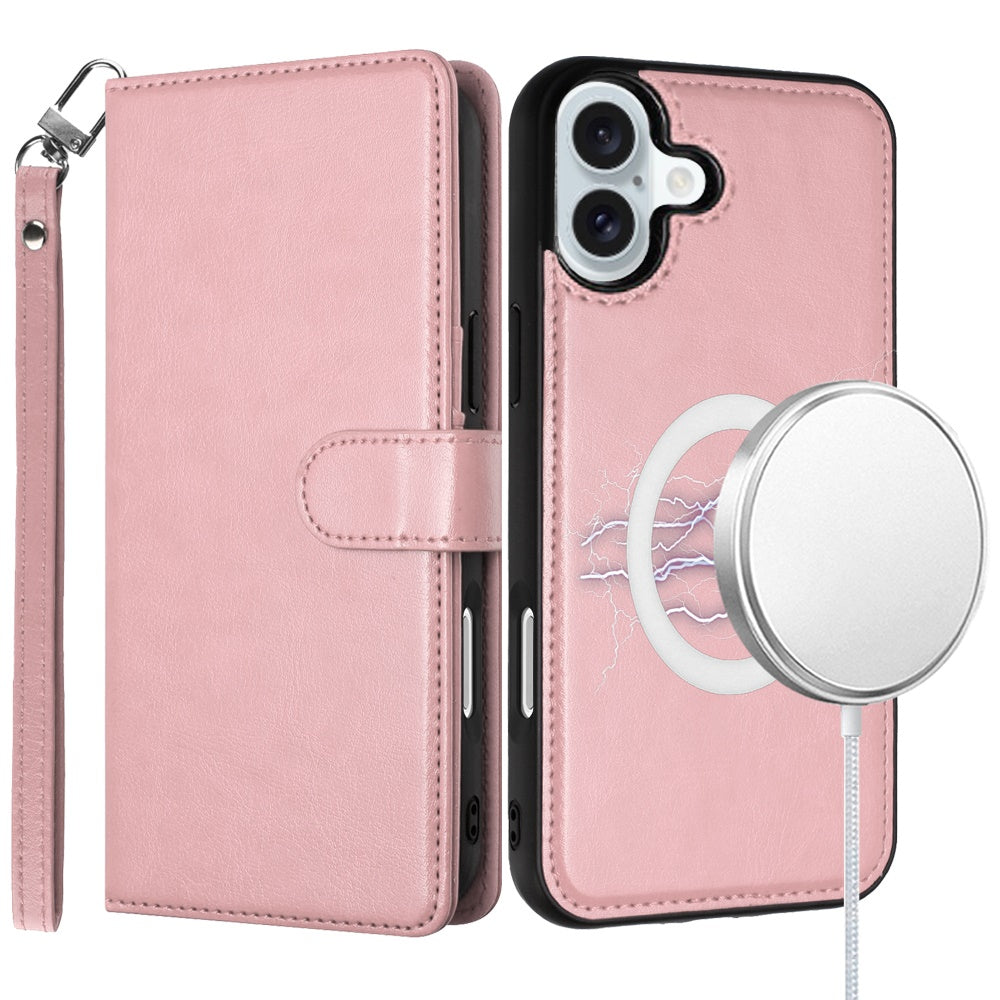 For Apple iPhone 16 Plus (6.7") Deattachable PU Leather Hybrid Wallet Money Credit Card Holder Support Magsafe Charger Case Cover Rose Gold