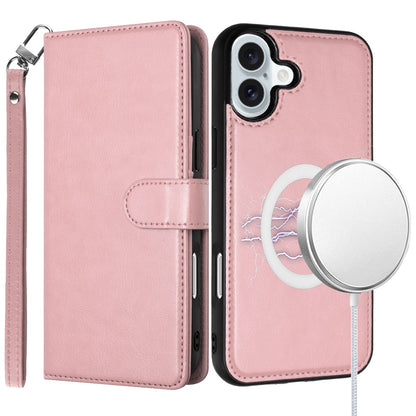 For Apple iPhone 16 Plus (6.7") Deattachable PU Leather Hybrid Wallet Money Credit Card Holder Support Magsafe Charger Case Cover Rose Gold