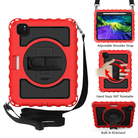 For Hybrid 3in1 Armor Rugged with Built-in Kickstand 360° Rotatable Stand & Shoulder Hand Strap Corner Shockproof Red Tablet Case Cover