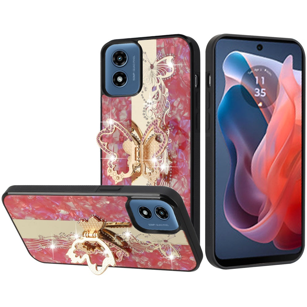 For Apple iPhone SE 4 Diamonds 3D Butterfly Bling Sparkly Glitter Ornaments Engraving Hybrid with Stand Fashion Case Cover Enchanted Butterfly Red