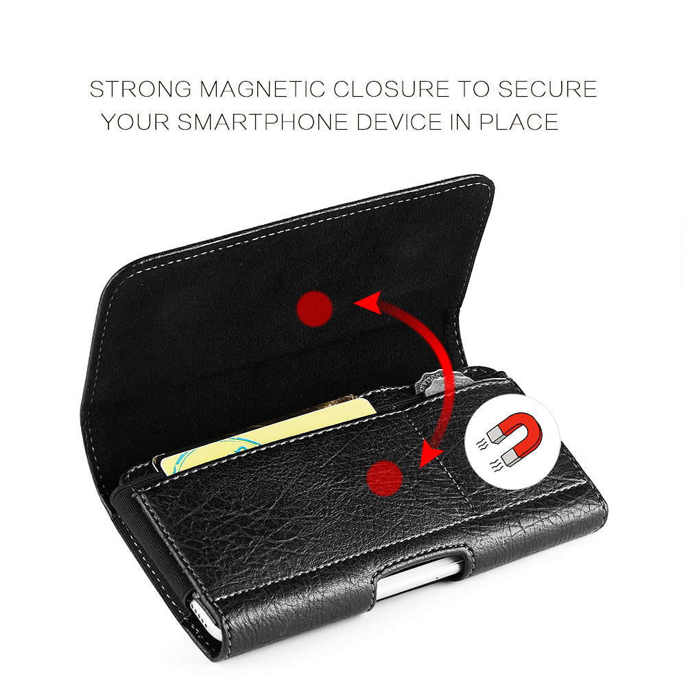For Apple iPhone 16 Pro (6.3") Universal Horizontal Cell Phone Leather Pouch Holster Carrying Case with Credit Card Slots & Belt Clip Loop Cover [Black]