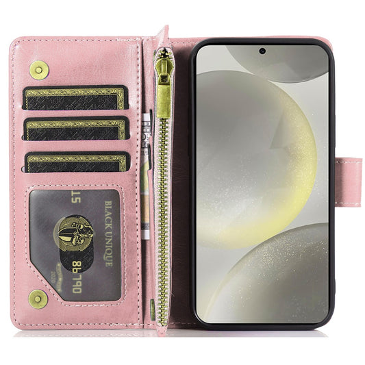 For Samsung Galaxy S25+ /S25 Plus /S24+ Plus Leather Wallet Case with Zipper, 9 Card Slots, Cash Pocket, Stand & Strap, Clutch Pouch Design Case Cover Rose Gold