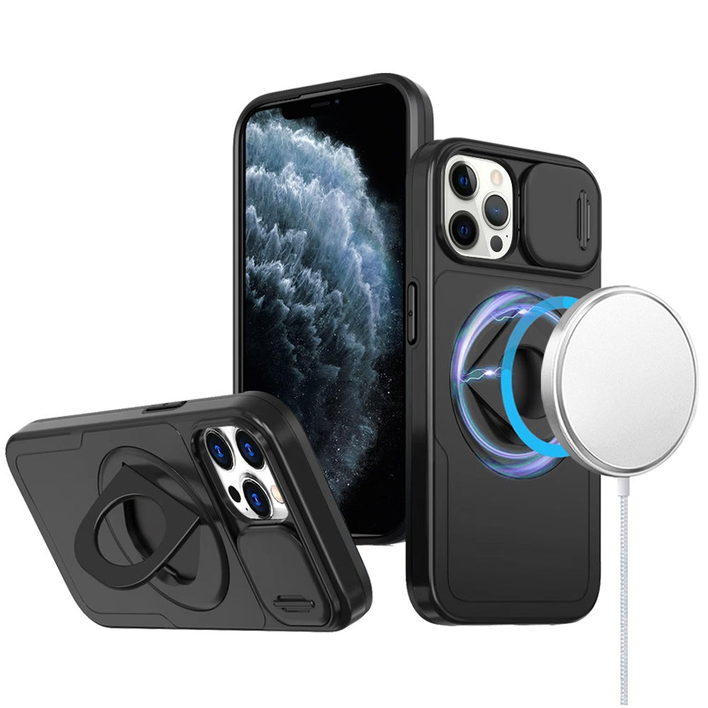 For Apple iPhone 15 Pro Max Full Coverage with Camera Window, Magnetic Circle, Rotatable Ring Stand, MagSafe Compatible, Shockproof Hybrid Protectiv Case Cover
