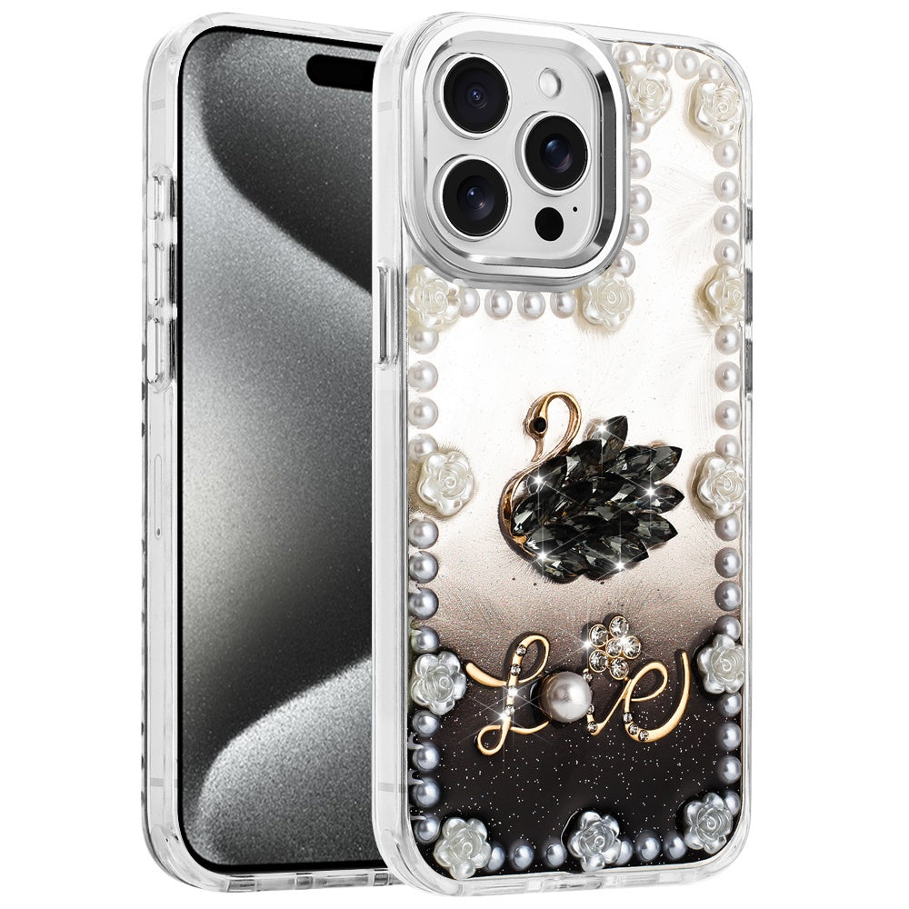 For Apple iPhone 15 Pro Max Bling Fashion Design with 3D Pearls Epoxy Glitter Ornaments Chrome Edge Hard Slim PC Case Cover