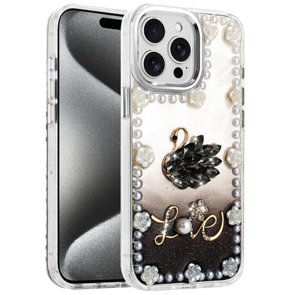 For Apple iPhone 15 Pro Max Bling Fashion Design with 3D Pearls Epoxy Glitter Ornaments Chrome Edge Hard Slim PC Case Cover
