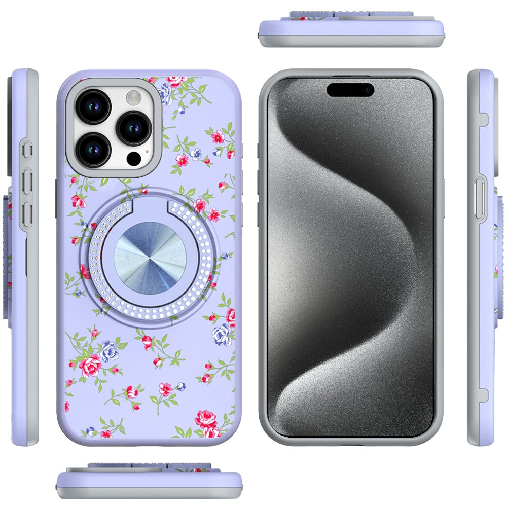 For Apple iPhone 15 Pro Max Pattern Design Hybrid with Invisible Ring Stand & Magnetic Back, Shockproof Protective Grip Case Cover