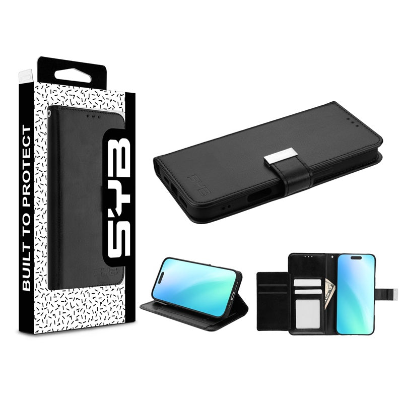 For Leather Wallet Folio Case with Credit Card Slots Pouch Cover for Apple iPhone 16 Plus - Black Case Cover Black