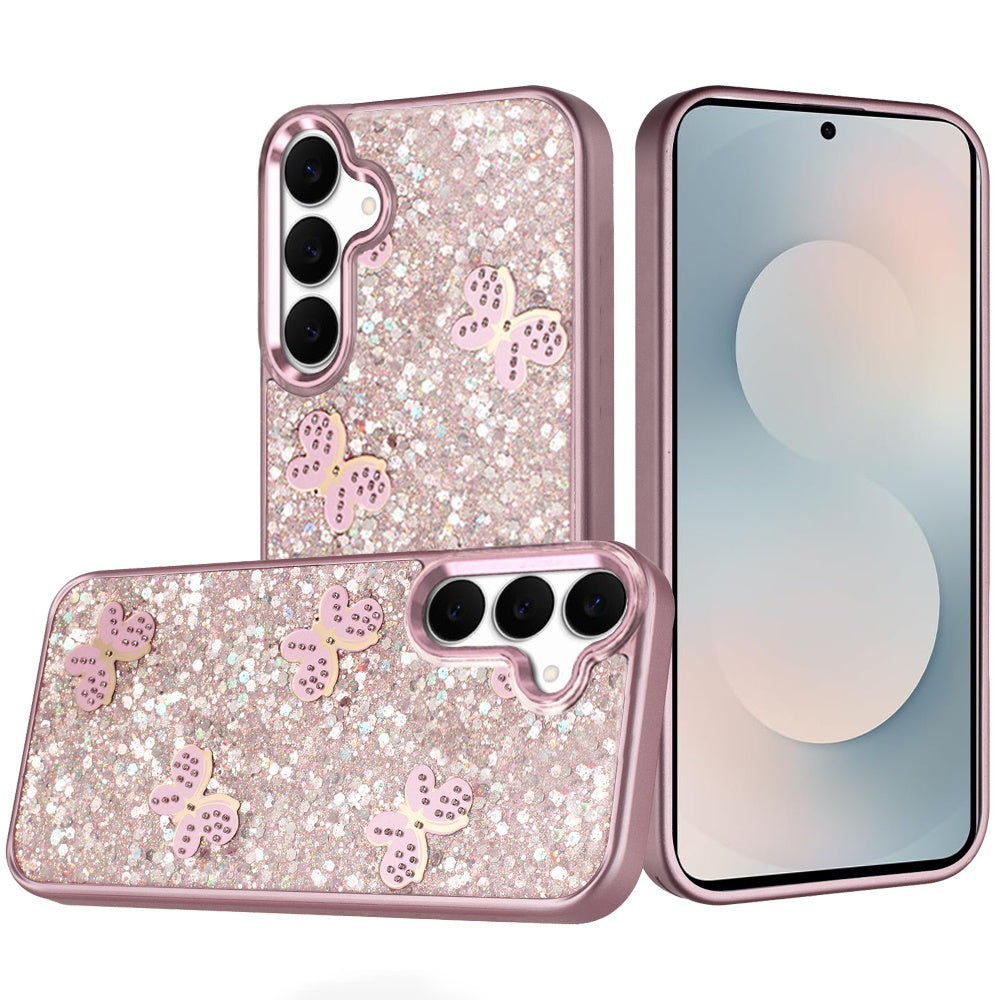 For Samsung Galaxy A17 5G Cute Butterfly Crystal Diamond Glitter Case Sparkle Bling Frame Metallic Edges, Shimmer TPU Hybrid Case Cover
