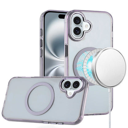 For Apple iPhone 16 (6.1") Transparent Back Hybrid Case - Magnetic Circle, Color Frame, Metal Buttons, MagSafe Compatible Case Cover Light Purple