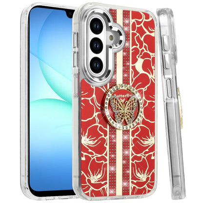 For Samsung Galaxy A17 5G Diamonds 3D Butterfly Floral Design Bling Sparkly Glitter Hybrid Metal Fashion with Ring Stand Case Cover