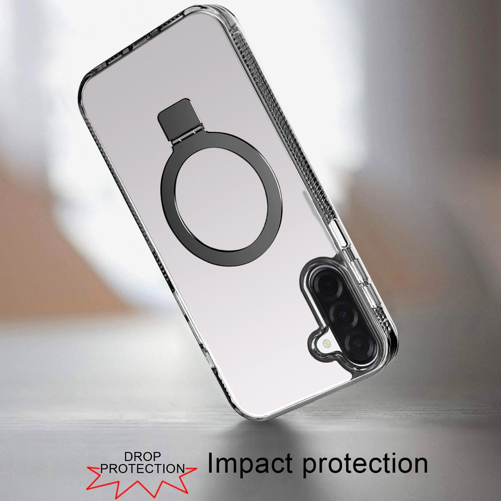 For Samsung Galaxy A17 5G Transparent Magnetic Ring Circle Stand with MagSafe Compatible Hybrid Dotted Edged Hard PC Shockproof Case Cover Black