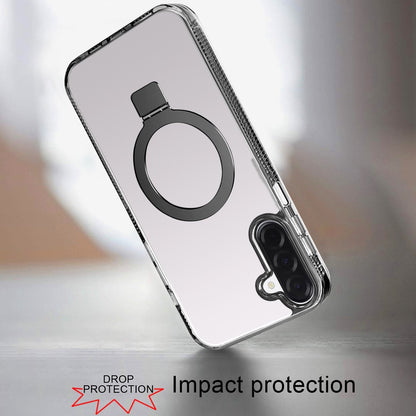 For Samsung Galaxy A17 5G Transparent Magnetic Ring Circle Stand with MagSafe Compatible Hybrid Dotted Edged Hard PC Shockproof Case Cover Black