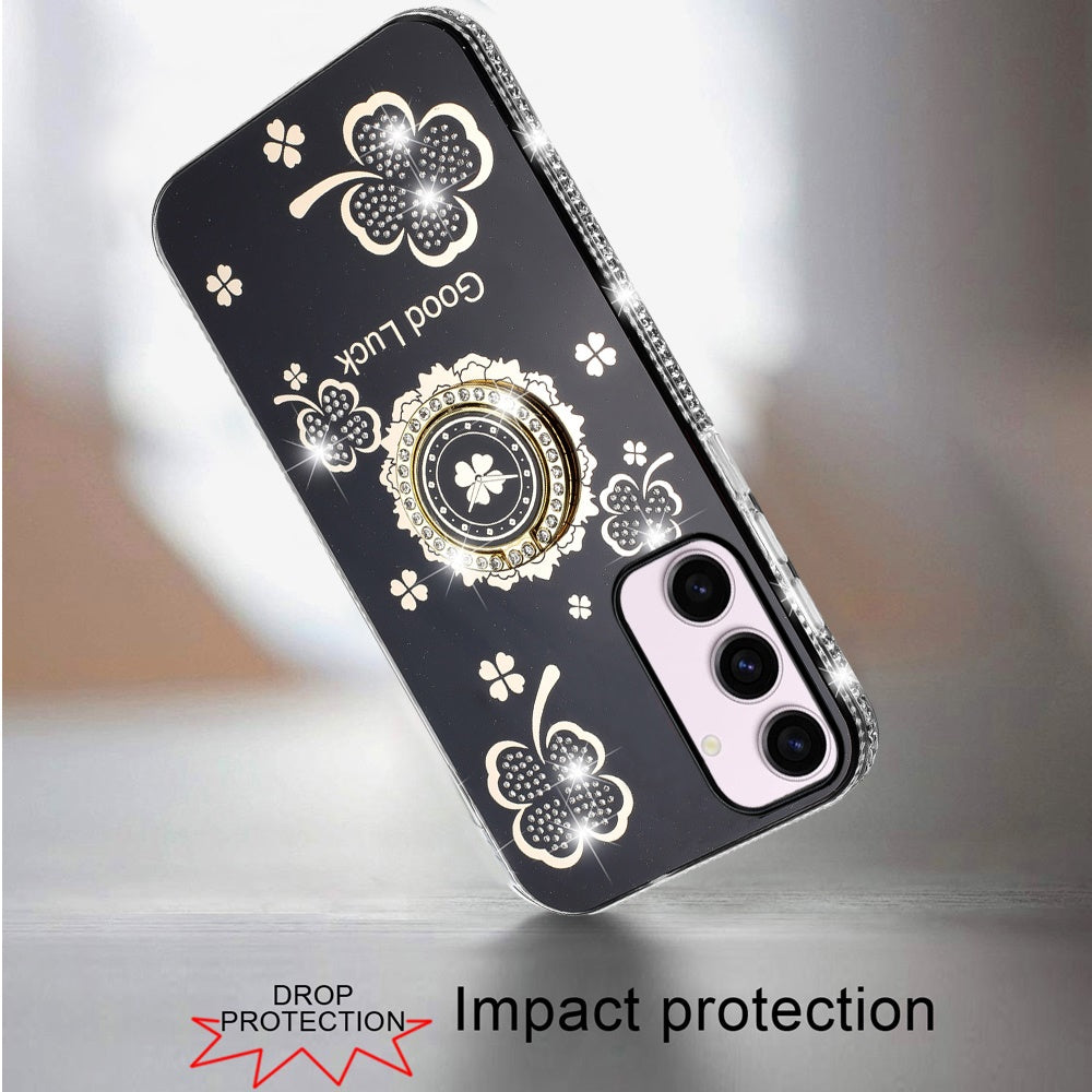 For Samsung Galaxy S23+ Plus Diamonds Bling All Around Edges Sparkly Glitter Hybrid Ring Stand Holder Fashion Good Luck Case Cover