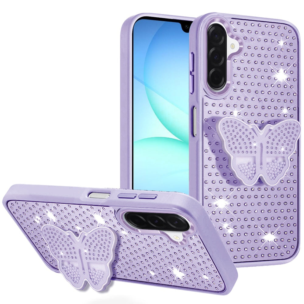 For Samsung Galaxy A17 5G Butterfly Moveable Grip 3D Pop Stand Full Diamond Bling Sparkling TPU Fashion Hybrid Case Cover