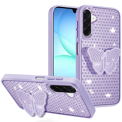 For Samsung Galaxy A17 5G Butterfly Moveable Grip 3D Pop Stand Full Diamond Bling Sparkling TPU Fashion Hybrid Case Cover