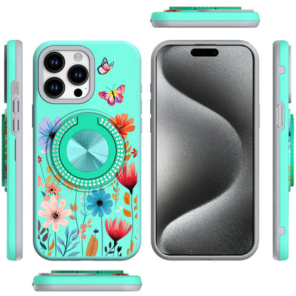 For Apple iPhone 14 Pro Max Pattern Design Hybrid with Invisible Ring Stand & Magnetic Back, Shockproof Protective Grip Case Cover