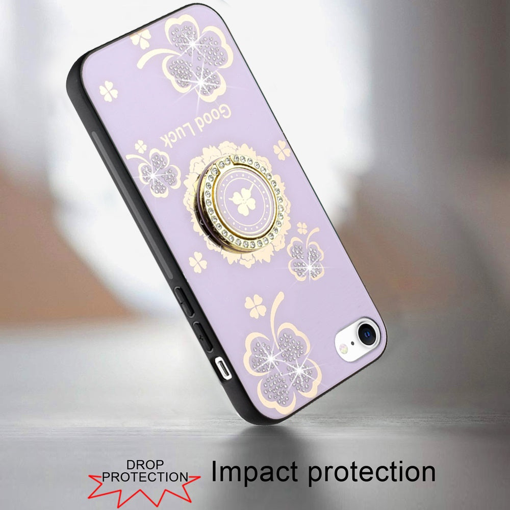 For Apple iPhone SE 4 Diamonds 3D Fashion Floral Bling Sparkly Glitter Ornaments Engraving Hybrid with Ring Stand Case Cover Purple Good Luck Floral