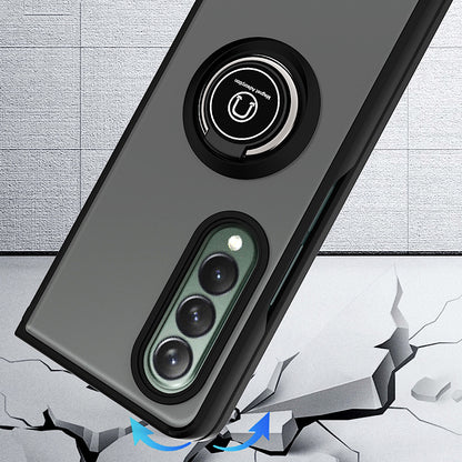 For Samsung Galaxy Z Fold 7 Semi Transparent Matte Hybrid Protective PC & TPU Shockproof with 360° Rotation Ring Stand Case Cover