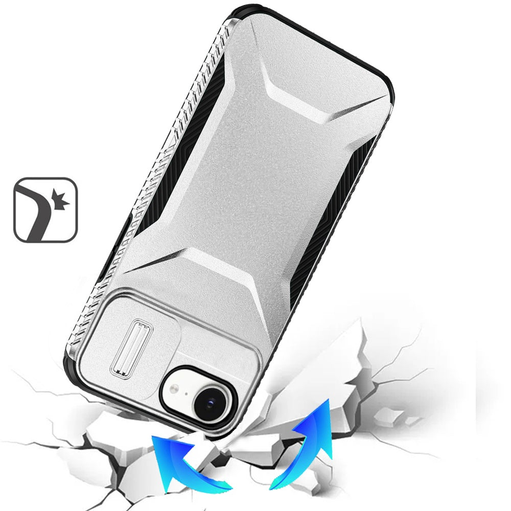 For Apple iPhone 16e Slim Fit Shockproof Hybrid with Slide Camera Window Covering, Rugged Tpu Silicone Hard PC Bumper Case Cover Silver