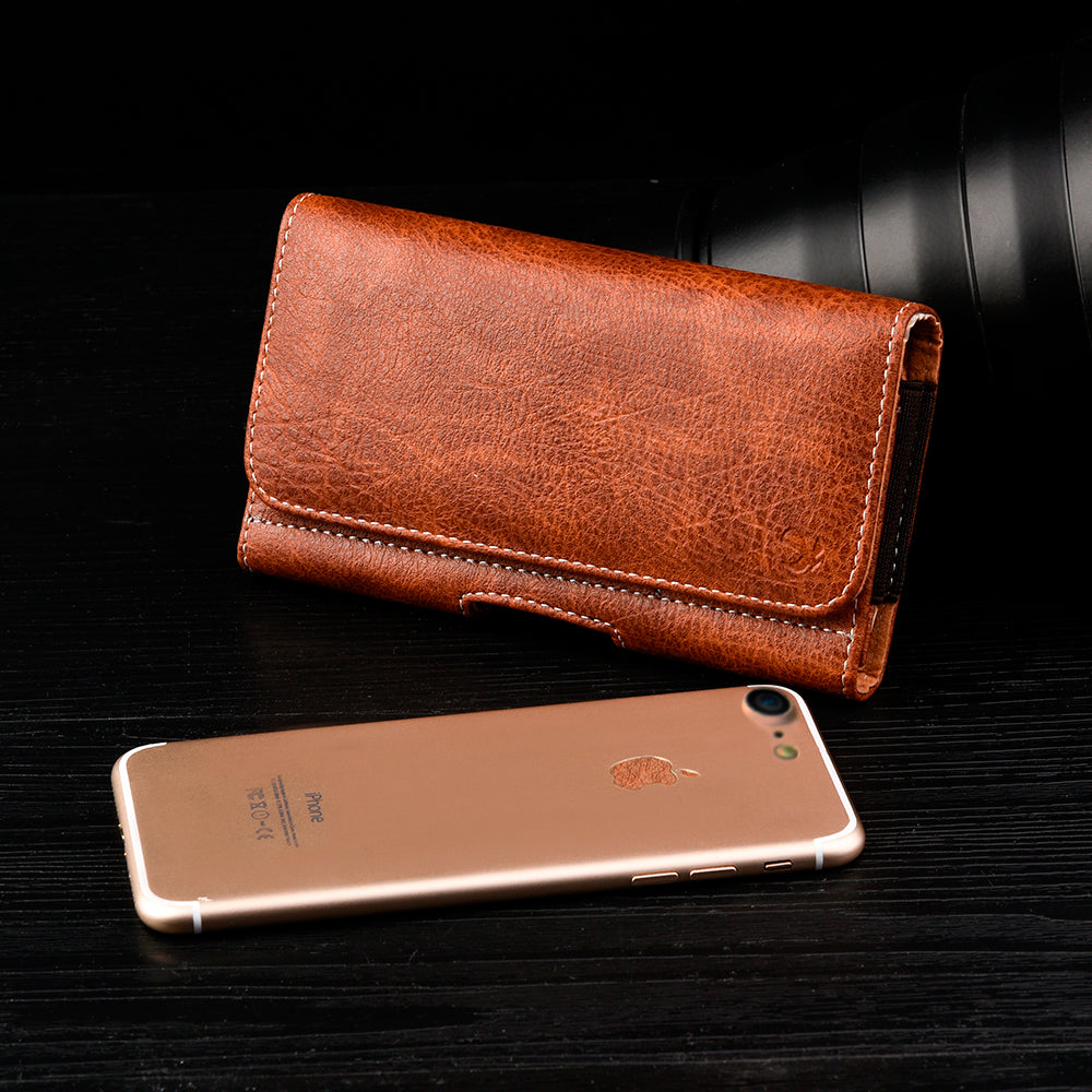 For Apple iPhone 16 Pro (6.3") Universal Horizontal Cell Phone Leather Pouch Holster Carrying Case with Credit Card Slots & Belt Clip Loop Cover [Brown]