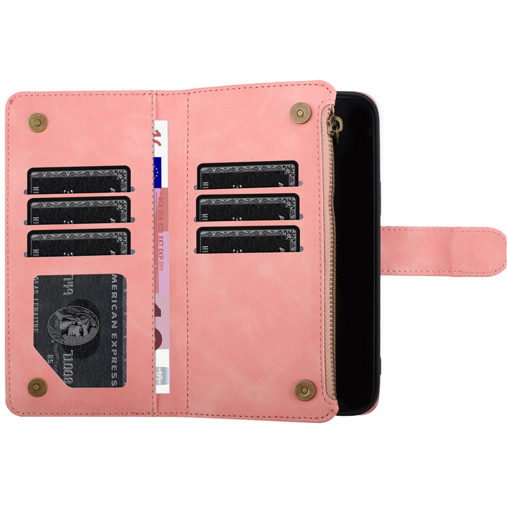 For Apple iPhone 16 Pro Max (6.9") PU Leather Wallet Design Jewel Bling with Credit Card Holder Flip Folio Pouch Zipper Purse Wrist Strap Case Cover