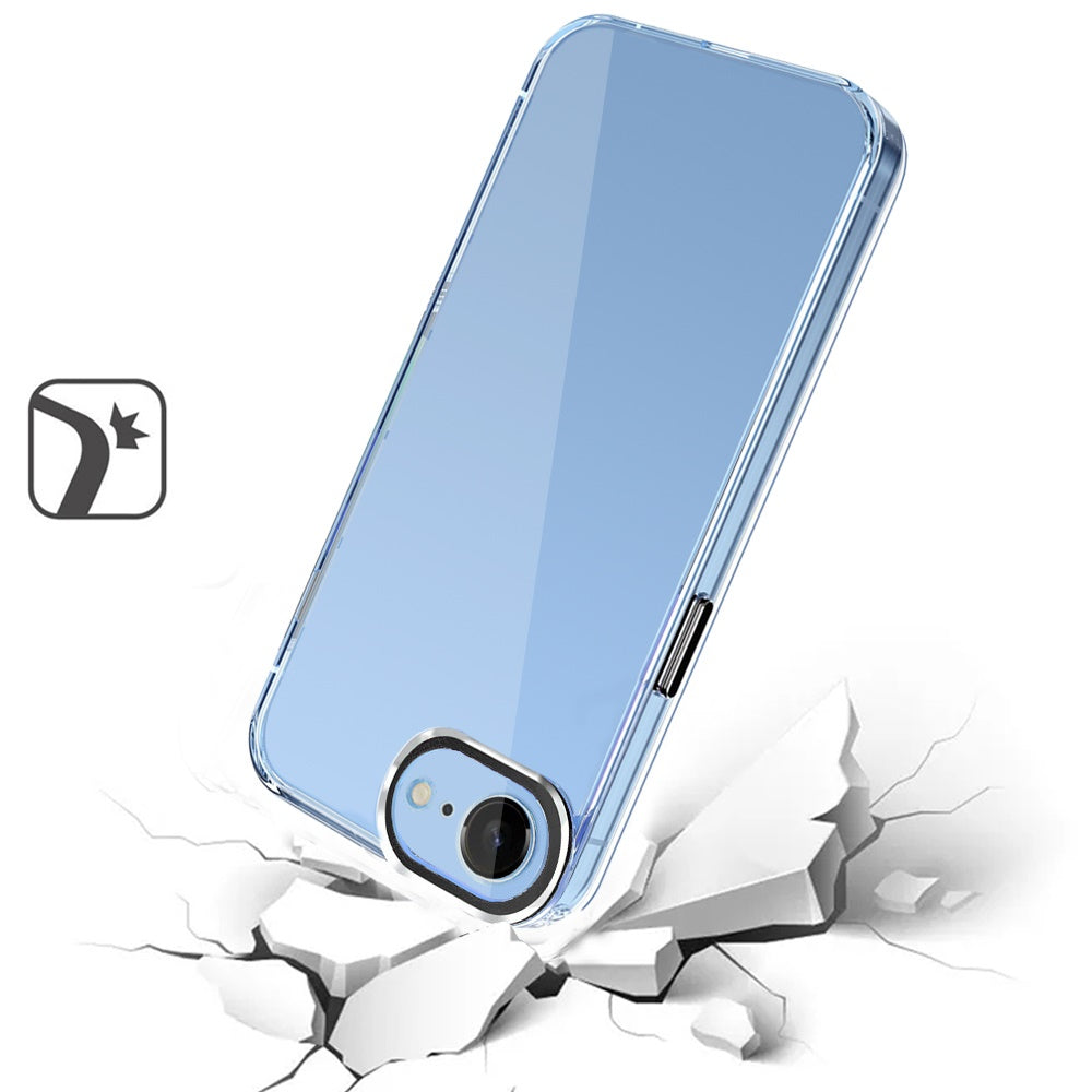 For Apple iPhone 16e Transparent Clear Hybrid with Matching Metal Buttons and Camera Protection Hard PC + TPU Rubber Case Cover Clear / Black