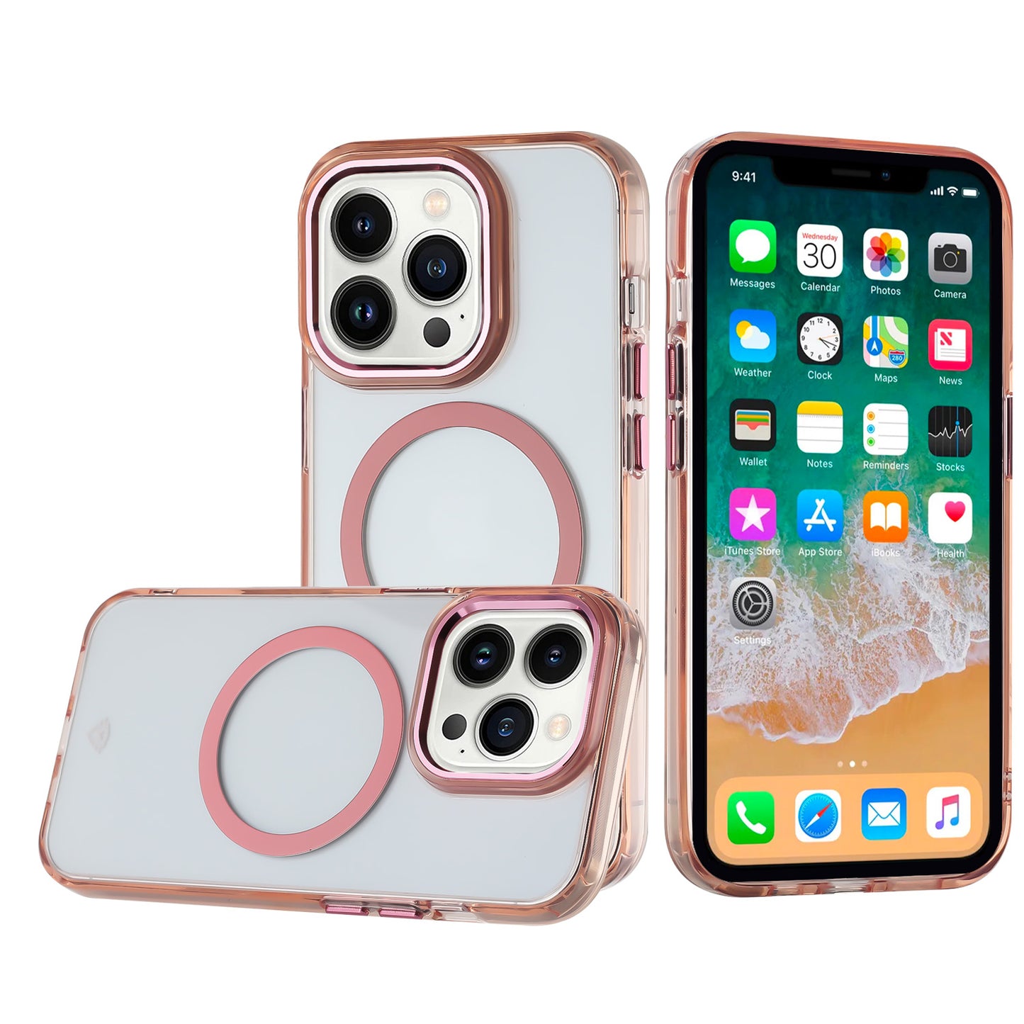 For Apple iPhone 14 Pro Transparent Back Hybrid Case - Magnetic Circle, Color Frame, Metal Buttons, MagSafe Compatible Case Cover Rose Gold
