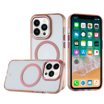 For Apple iPhone 14 Pro Transparent Back Hybrid Case - Magnetic Circle, Color Frame, Metal Buttons, MagSafe Compatible Case Cover Rose Gold