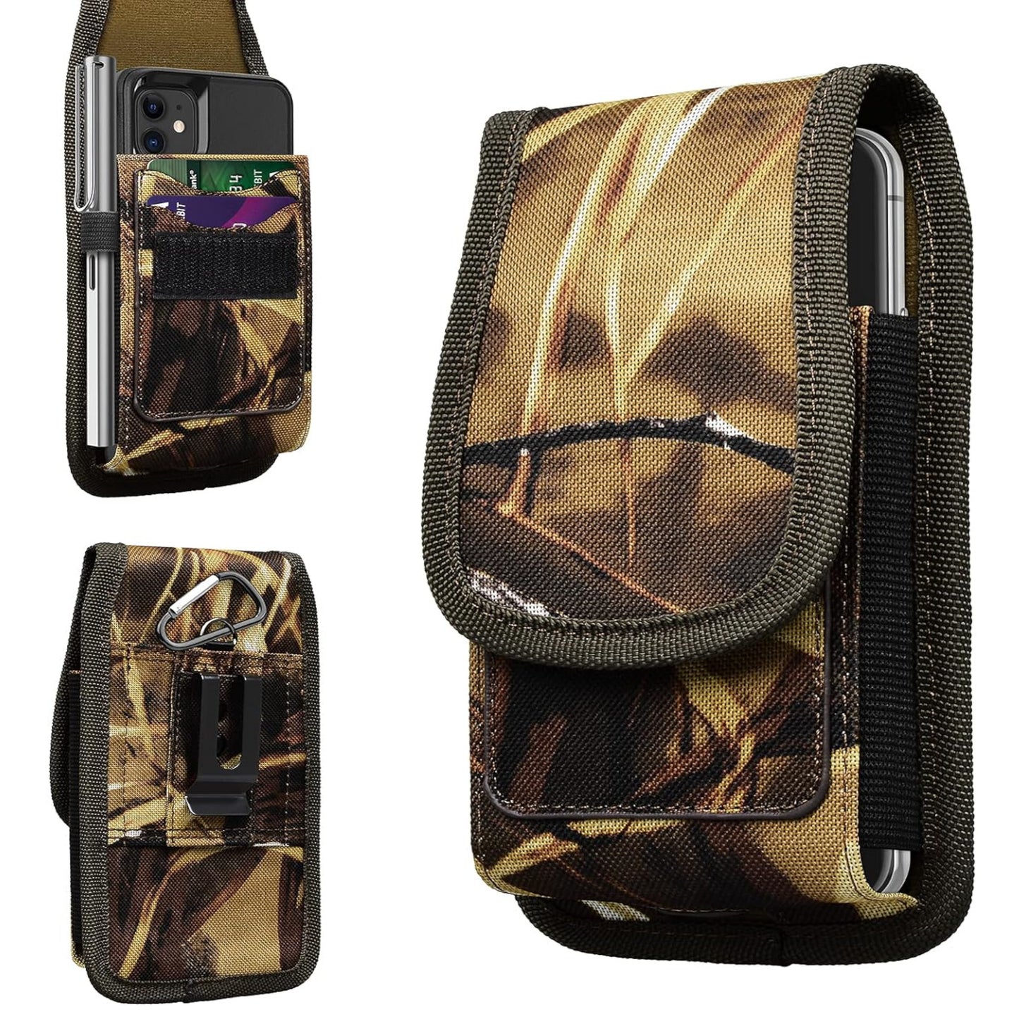 For Apple iPhone 16 Pro (6.3") Vertical Camouflage Nylon Canvas Holster Universal Cell Phone Pouch Velcro Closure with Credit Card Slot & Belt Clip Loop Carabiner [Hunting Camo]