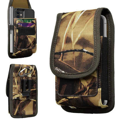 For Apple iPhone 16 Pro (6.3") Vertical Camouflage Nylon Canvas Holster Universal Cell Phone Pouch Velcro Closure with Credit Card Slot & Belt Clip Loop Carabiner [Hunting Camo]