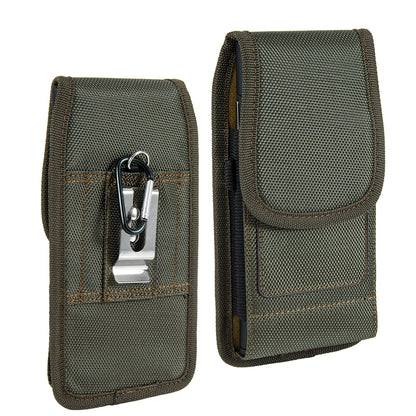 For Apple iPhone 16 Pro (6.3") Universal Nylon Pouch Case Vertical Phone Holster with Dual Card Slots, Pen Holder, Belt Clip Loop & Hook Cover [Green]